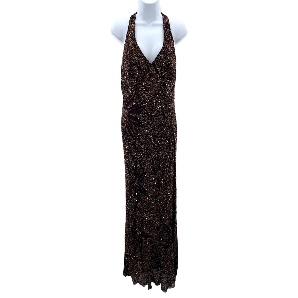 Adrianna Papell Evening Bronze Sequin Silk Halter Gown Open Back Brown Dress 12